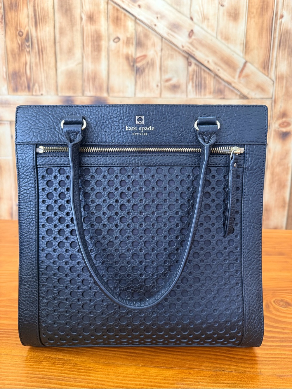 kate spade Navy Perforated Leather Tote with Zip Pocket